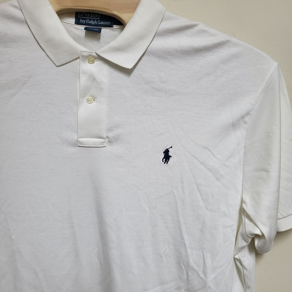 Polo Ralph Lauren Mens XXL White Short Sleeve Cotton Polo Shirt Navy Blue Pony